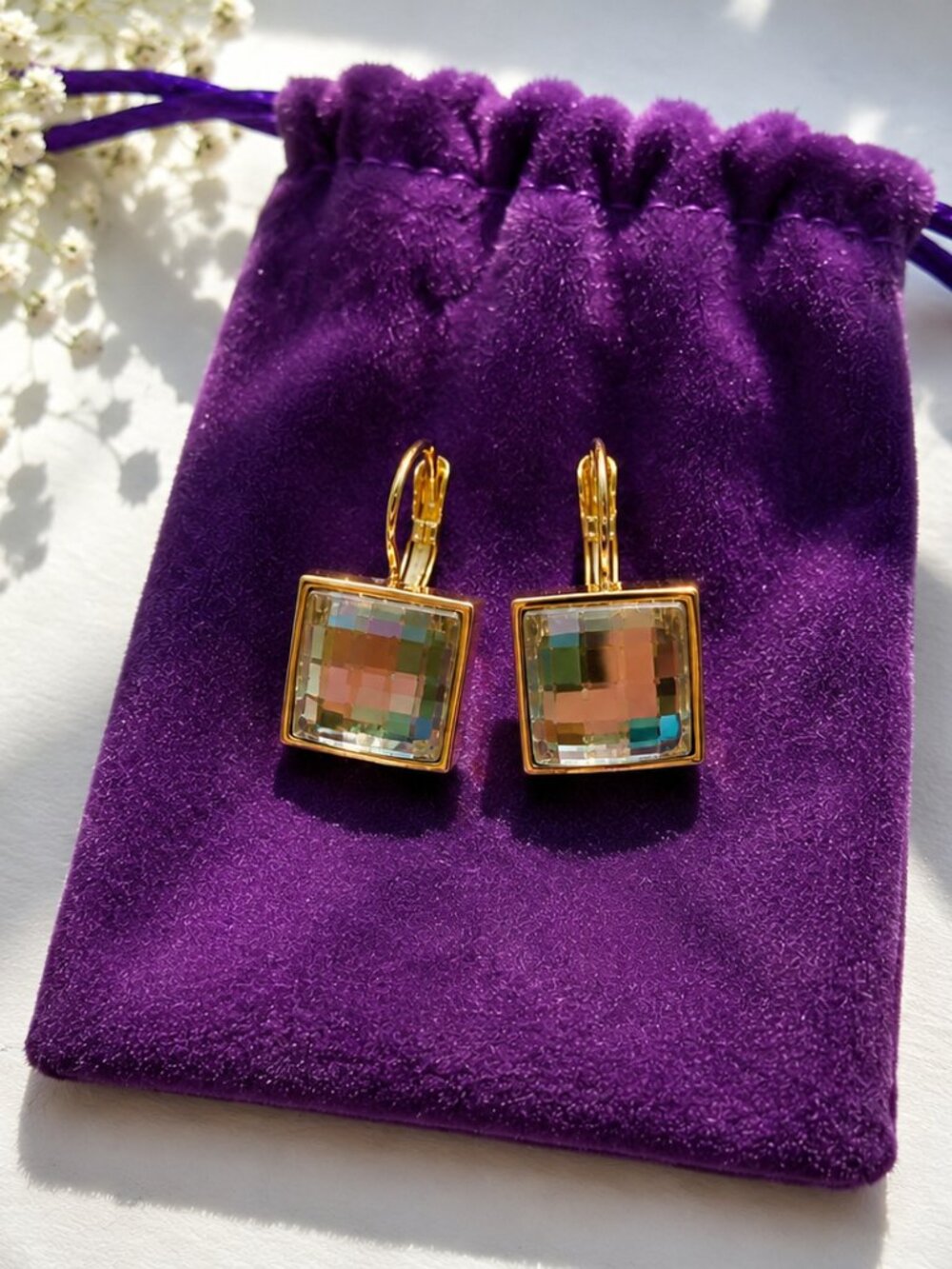 Vintage Square Crystal Earrings, Gold Tone Faceted Glass Earrings